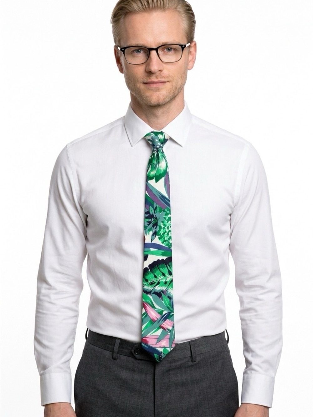2039 - Floral Print Skinny Tie in Green and Pink-100% Silk